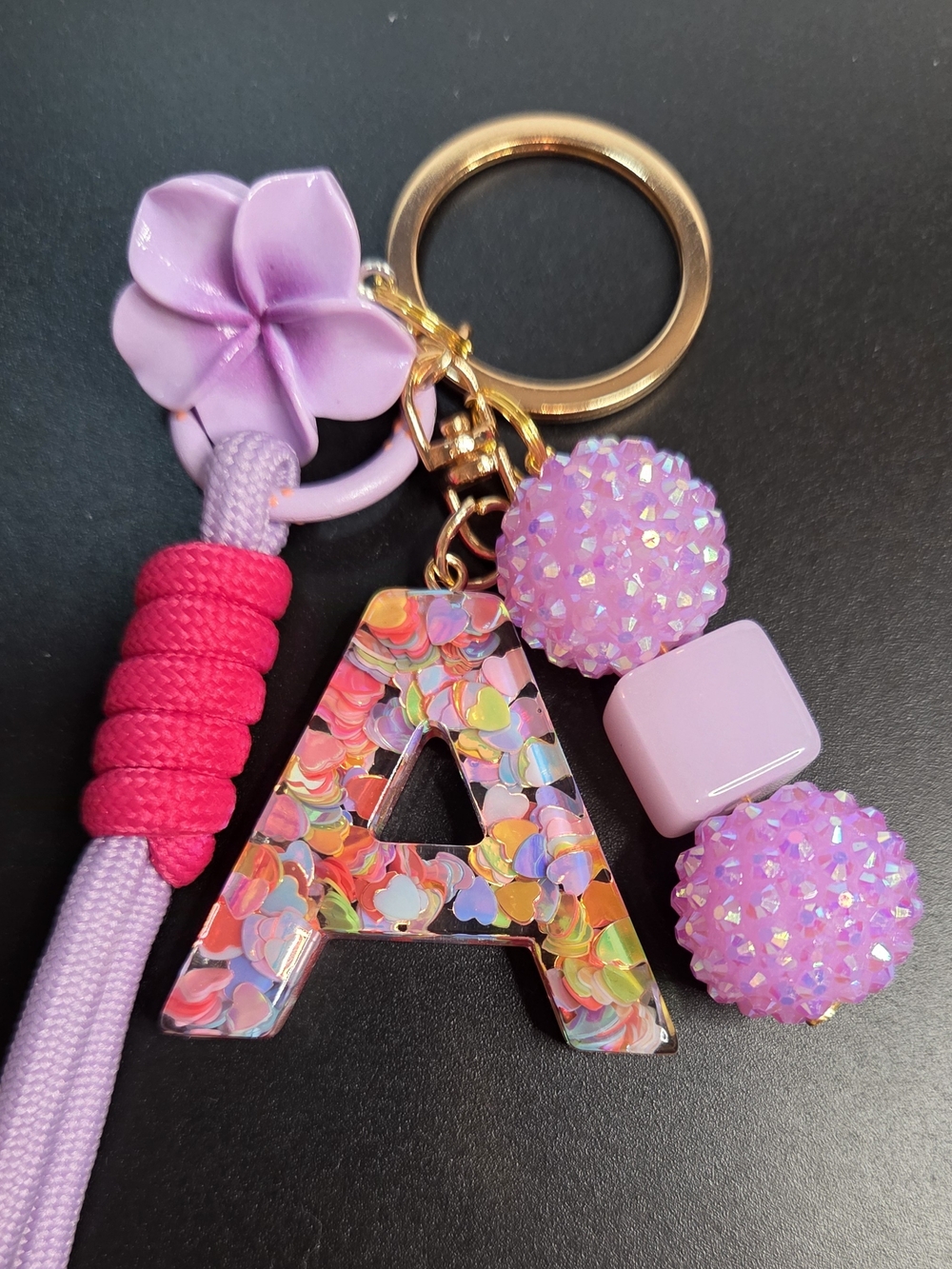Purple Letter "A" Keychain Bag Charm - Floral & Sparkle Beaded Accents